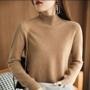 Tan Brown Mock Neck Knit Sweater Long Sleeve Minimalist